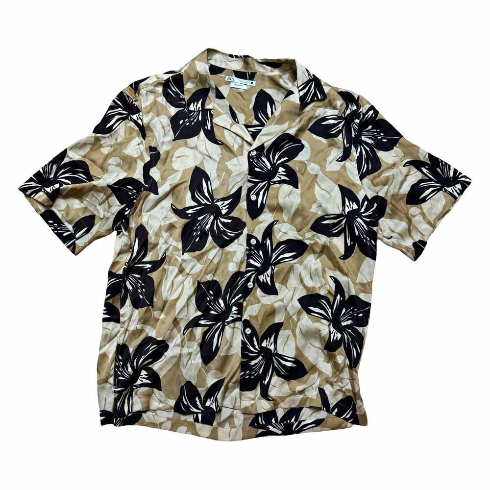 ZARA Men’s L Regular Fit Hawaiian Floral Button-Up Shirt Beige Black Viscose
